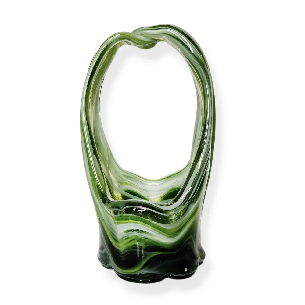 Vintage Hand Blown Stretch Art Glass Basket Vase Green White Swirls 5 1/2 Inches